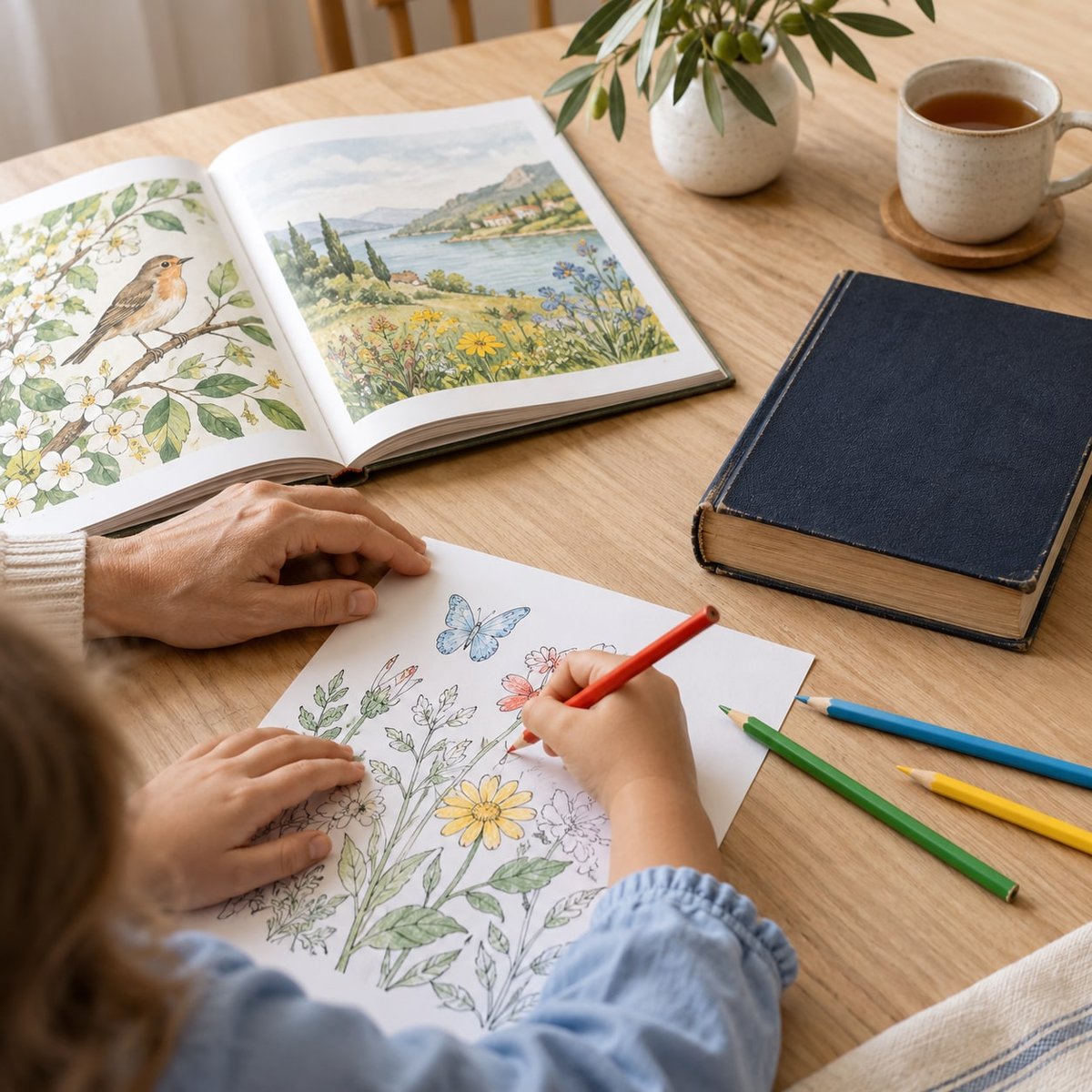 A child coloring flowers with an adult beside a picture book and a clothbound Bible on a wooden table